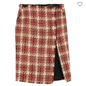 NWT Versace Tweed Boucle Midi Skirt Front Slit Gold Details Black Red Size 38 /2